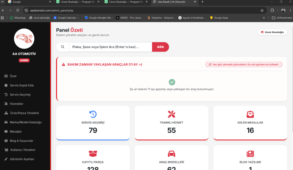 AA Otomotiv — Dijital Servis Yönetimi, Plaka/Şase Takip & Kurumsal Web Platformu